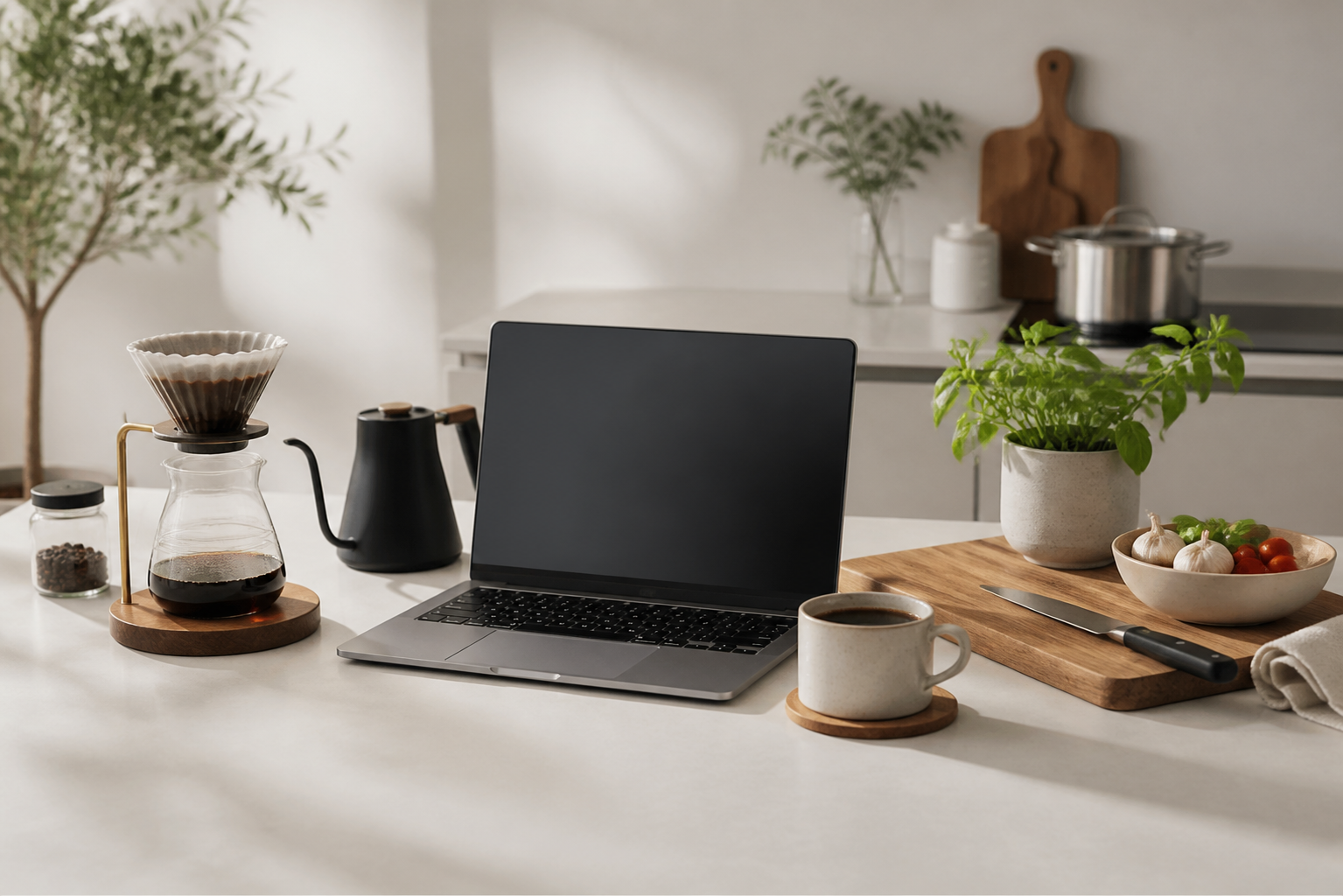 A clean kitchen workspace with pour-over coffee, green plants, cooking tools, and a laptop.
